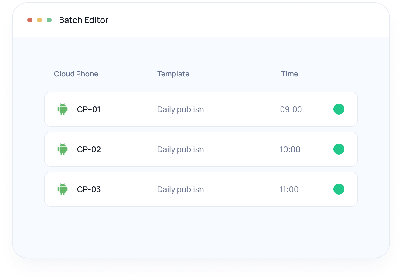 Batch editor for RPA tasks across multiple cloud phones