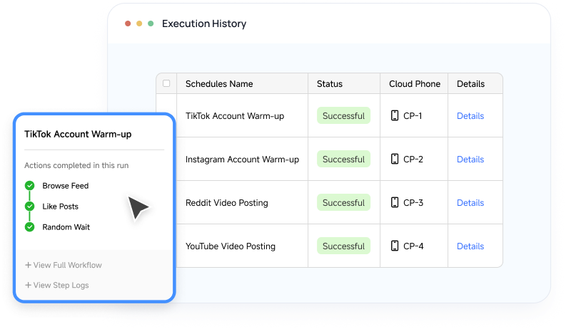 RPA execution history with successful runs and step-level details