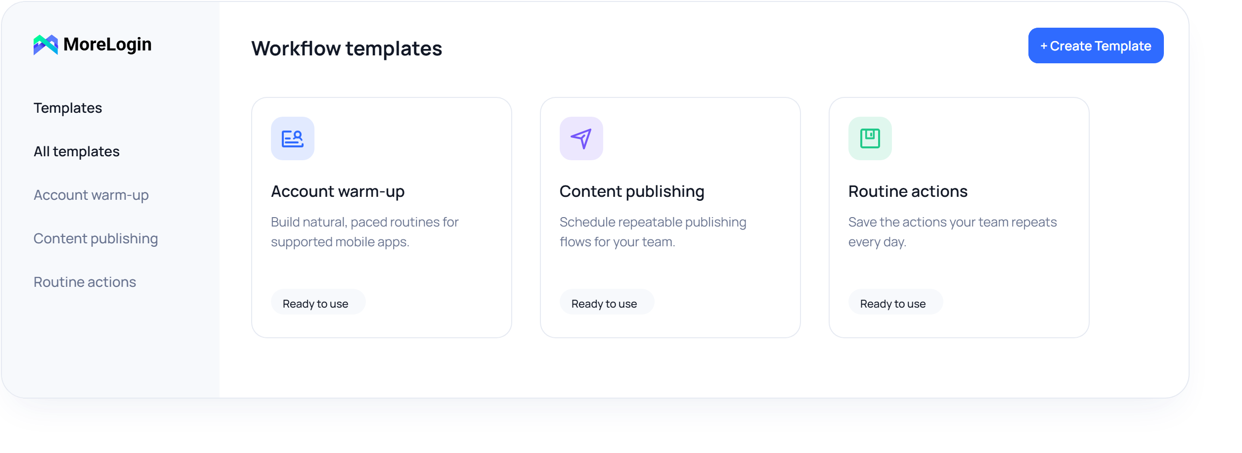 MoreLogin ready-made workflow template dashboard