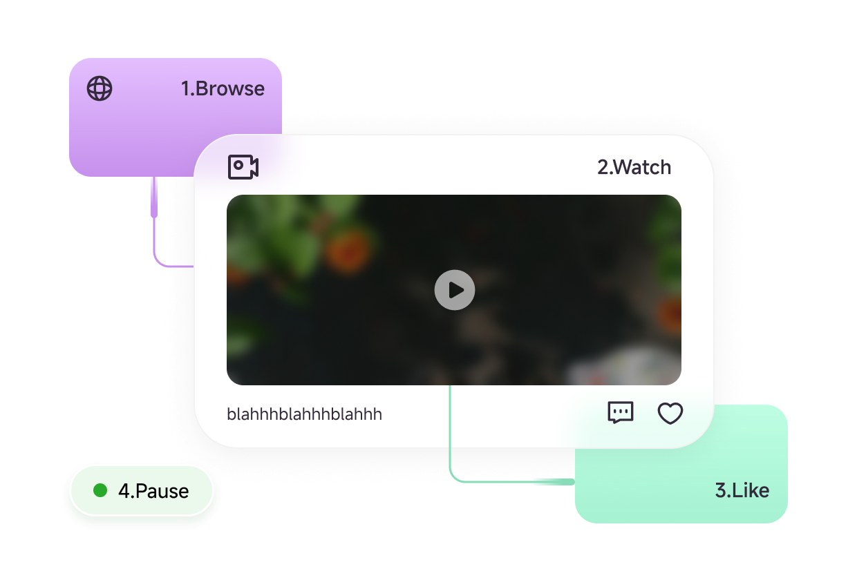 Account warm-up workflow with browse, watch, like, and pause actions