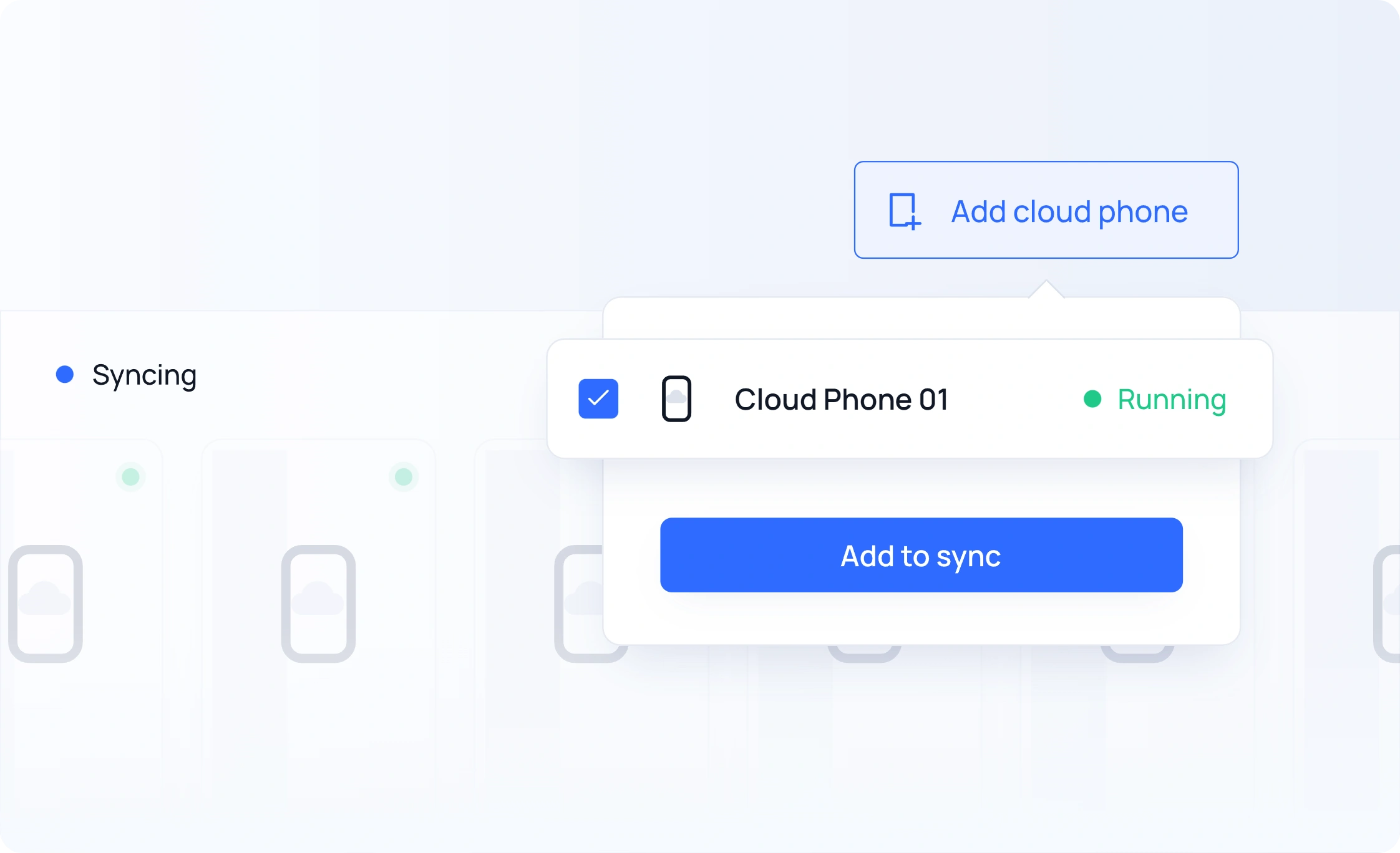 A running cloud phone selected for addition to an active sync session.